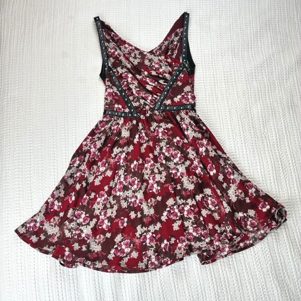 The Kooples Dark Floral Mini Dress Red Leather Harness Studded Edgy Scene Size S